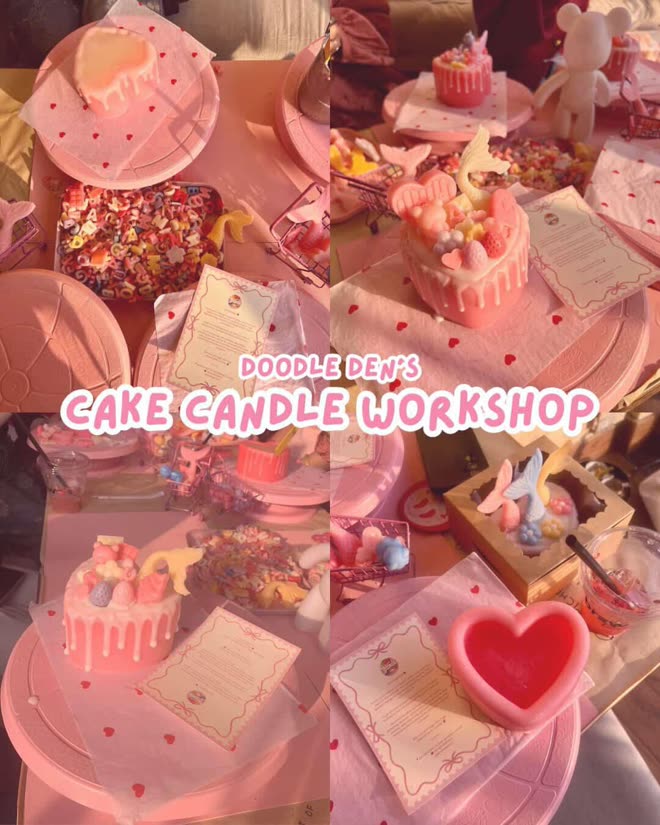 Finished heart cake candles from a Doodle Den cake candle workshop